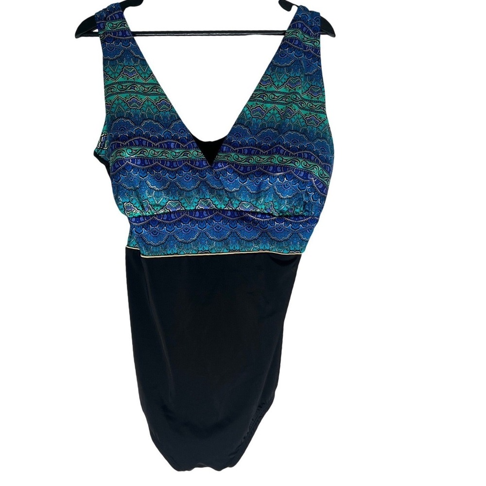 Longitude Womens 22W One Piece Swimsuit Blue Teal Paisley Tummy Control RW23012